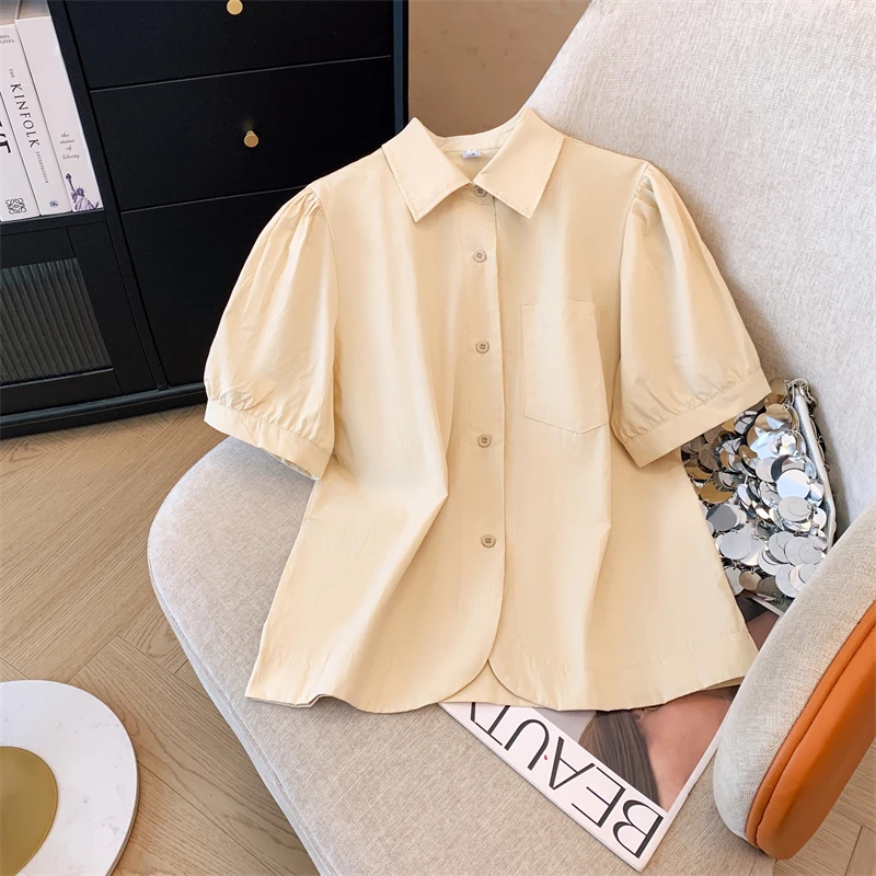 Summer Cotton Short Sleeve Shirt Women's Anti-Aging Top Unconventional Lantern Sleeve Turn-down Collar Korean Style Loose Fit
Summer Cotton Short Sleeve Shirt Women's Anti-Aging Top Unconventional Lantern Sleeve Turn-down Collar Korean Style Loose Fit
