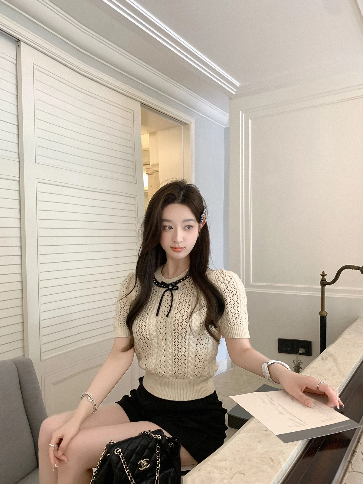 Cchen Miu Series Knitted Bubble ort Sve irt with Rhinestone Knot New Women's Faion Sweet Sle Slim Fit Co...
Cchen Miu Series Knitted Bubble ort Sve irt with Rhinestone Knot New Women's Faion Sweet Sle Slim Fit Co...