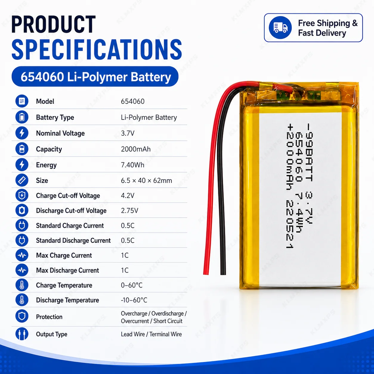 2000mAh 3.7V 654060 LiPo Polymer Battery Energy Cell For MP3 MP4 GPS Headphone LED Light Toys
2000mAh 3.7V 654060 LiPo Polymer Battery Energy Cell For MP3 MP4 GPS Headphone LED Light Toys