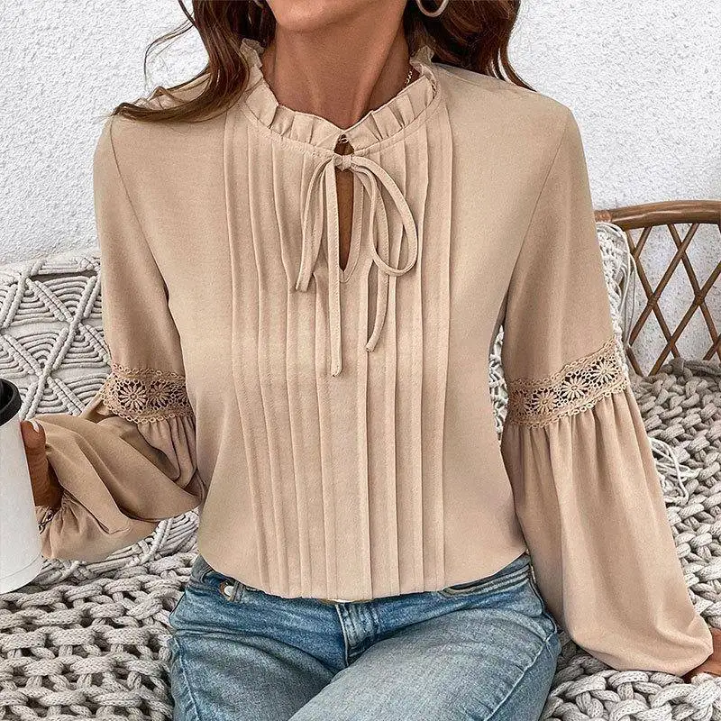Elegant Pure Color Lace V-Neck Pleated Shirt Spring Autumn New Arrival Women's Fashion Bubble Sleeve Non-Stretch Long Sleeve
Elegant Pure Color Lace V-Neck Pleated Shirt Spring Autumn New Arrival Women's Fashion Bubble Sleeve Non-Stretch Long Sleeve