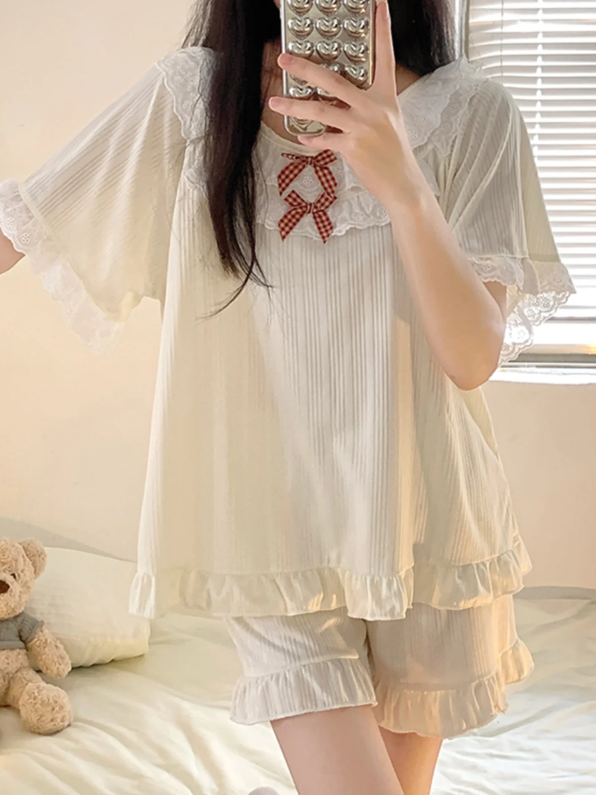 Sweet Japanese Style Short Sleeve Lace Trim Sleepwear Women's Summer Home Clothes Set Knot Cotton Underwear Set
Sweet Japanese Style Short Sleeve Lace Trim Sleepwear Women's Summer Home Clothes Set Knot Cotton Underwear Set