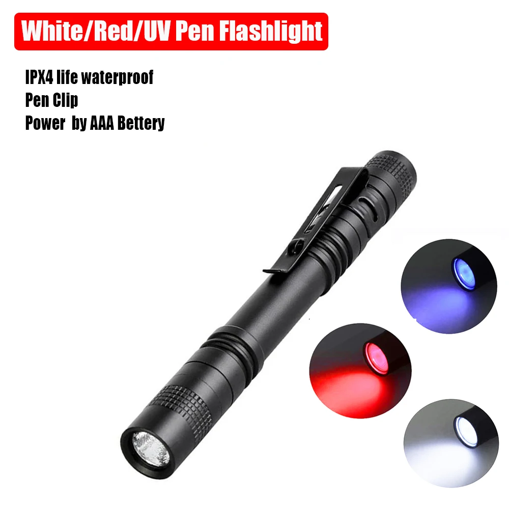 Mini Handheld LED Pen Light White/Red/UV Light Portable Flashlight Dentist Nurse Clip Pocket Torch Power by AAA Battery
Mini Handheld LED Pen Light White/Red/UV Light Portable Flashlight Dentist Nurse Clip Pocket Torch Power by AAA Battery