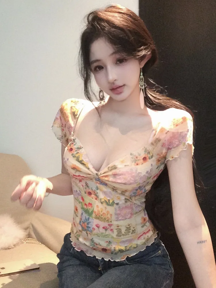 Retro Oil Painting Floral Print V-neck Short Sleeve Mesh Trim Top Korean Style Slim Fit Summer New Pure Desirable Spicy Girl
Retro Oil Painting Floral Print V-neck Short Sleeve Mesh Trim Top Korean Style Slim Fit Summer New Pure Desirable Spicy Girl