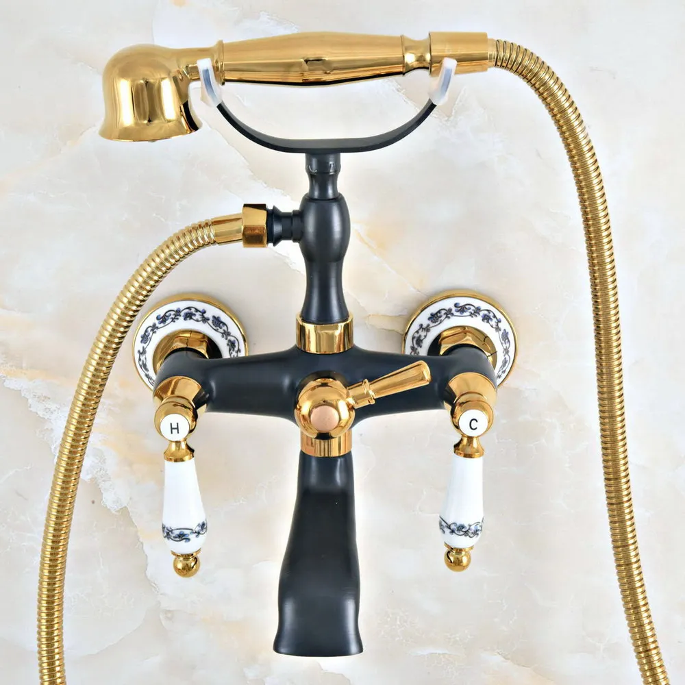 Golden Black Brass Porcelain Base Wall Mount Bathroom Shower Bathtub Faucet Set Dual Handle Mixer Tap + Handheld Spray Lna417
Golden Black Brass Porcelain Base Wall Mount Bathroom Shower Bathtub Faucet Set Dual Handle Mixer Tap + Handheld Spray Lna417