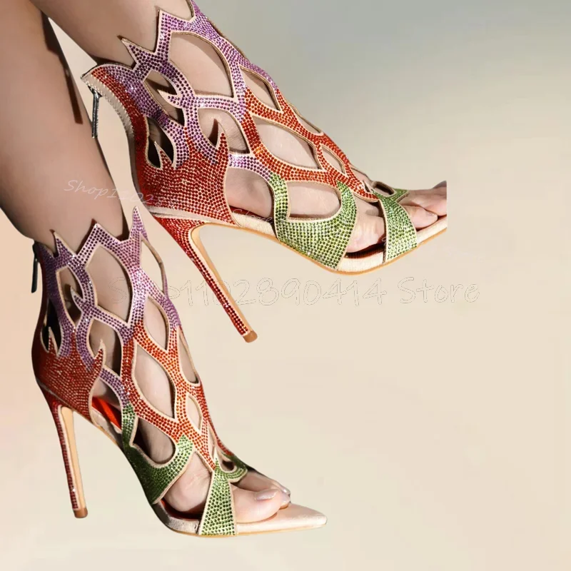 Colorful Crystal Totem Hollow Design Sandals Back Zipper Women Shoes Thin High Heels Open Toe Fashion 2025 Zapatos Para Mujere 
Colorful Crystal Totem Hollow Design Sandals Back Zipper Women Shoes Thin High Heels Open Toe Fashion 2025 Zapatos Para Mujere