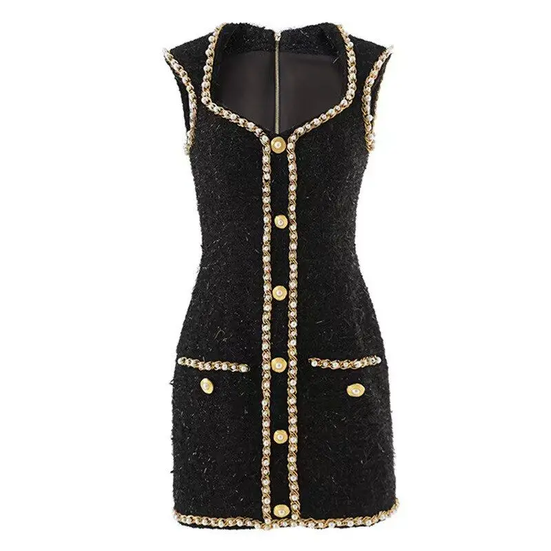 Elegant Pearl Embellished Tweed Sleeveless Dress Waist-Cinched Ladylike Style Short Skirt Fashionable Chic Party Gown
Elegant Pearl Embellished Tweed Sleeveless Dress Waist-Cinched Ladylike Style Short Skirt Fashionable Chic Party Gown