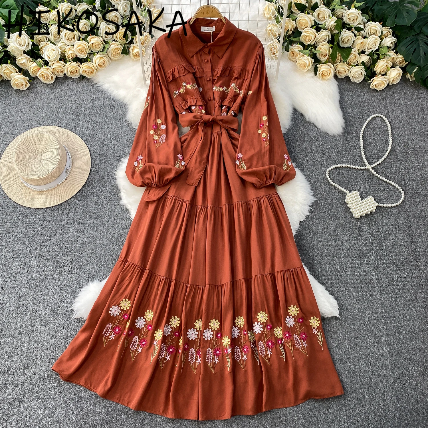 French Style Elegant Embroidry Vintage Dress Turn-down Collar Lantern Sleeve Single Breasted Slim Robe Slim A-line Vestidos
French Style Elegant Embroidry Vintage Dress Turn-down Collar Lantern Sleeve Single Breasted Slim Robe Slim A-line Vestidos