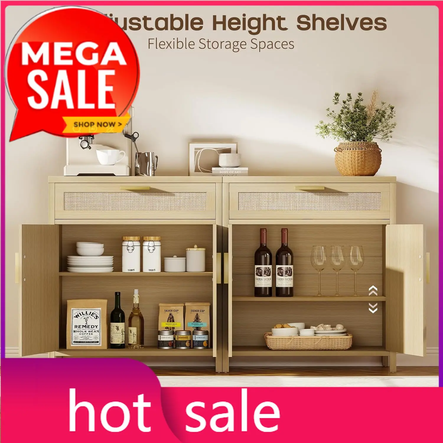Rattan Sideboard Buffet Cabinet with Storage, Accent Cabinet with Doors and Shelves, Boho Credenza Farmhouse Coffee Bar with Dra
Rattan Sideboard Buffet Cabinet with Storage, Accent Cabinet with Doors and Shelves, Boho Credenza Farmhouse Coffee Bar with Dra