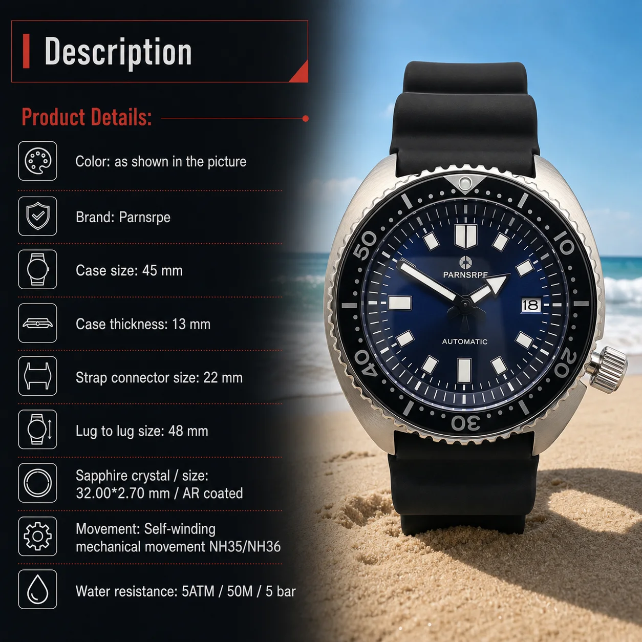Parnsrpe SKX007 nh35 Men Diver Wristwatches Ceramic Bezel Sapphire Mirror Retro Mechanical Watches Waterproof Luminous relojes
Parnsrpe SKX007 nh35 Men Diver Wristwatches Ceramic Bezel Sapphire Mirror Retro Mechanical Watches Waterproof Luminous relojes