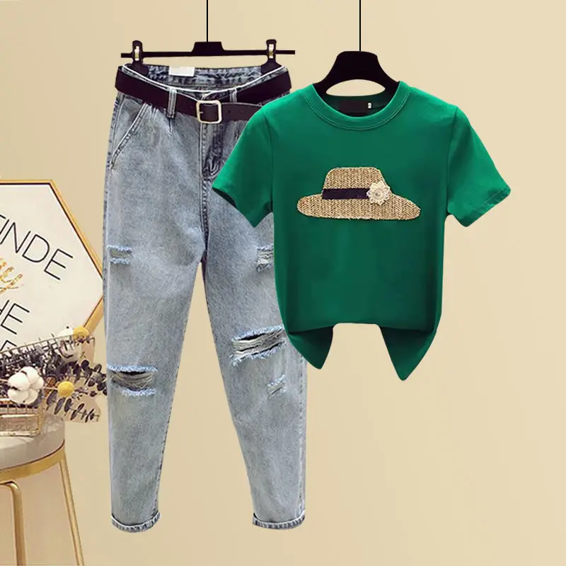 Large Size Suit Summer Sequined Ladies T-shirt Short-sleeved Top New High Waist Ripped Denim Cropped Trousers Two-piece Woman
Large Size Suit Summer Sequined Ladies T-shirt Short-sleeved Top New High Waist Ripped Denim Cropped Trousers Two-piece Woman