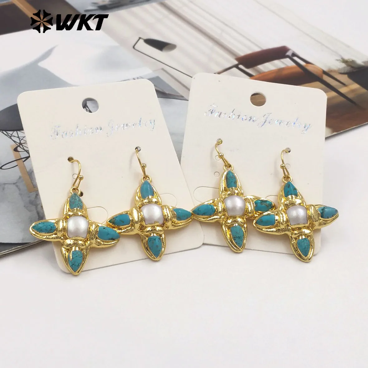 WT-E803 Exclusive Design Back Full Gold Plated Protruding Natural Turquoise And Pearl Cross Earrings As Unique Jewelry Accessory
WT-E803 Exclusive Design Back Full Gold Plated Protruding Natural Turquoise And Pearl Cross Earrings As Unique Jewelry Accessory