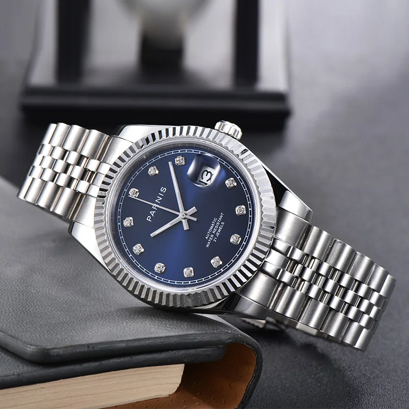 Модные мужские механические автоматические часы Parnis с синим циферблатом 39,5 мм, сапфировое стекло, календарь, мужские часы, reloj hombre, подарочные часы для мужчин
Модные мужские механические автоматические часы Parnis с синим циферблатом 39,5 мм, сапфировое стекло, календарь, мужские часы, reloj hombre, подарочные часы для мужчин