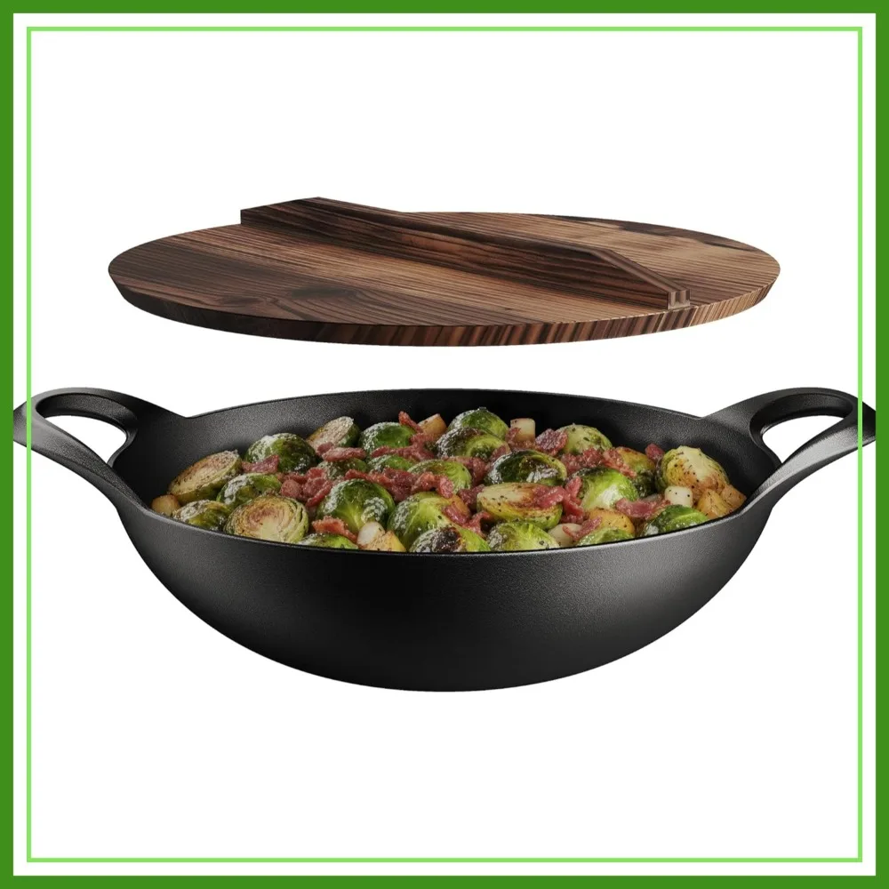 Pre-Seasoned Cast Iron Wok 14 Inch, Flat Bottom Stir Fry Pan with Wooden Lid, Dual Handles for Gas Electric Induction, Heavy Duty 8.8 lbs
Pre-Seasoned Cast Iron Wok 14 Inch, Flat Bottom Stir Fry Pan with Wooden Lid, Dual Handles for Gas Electric Induction, Heavy Duty 8.8 lbs