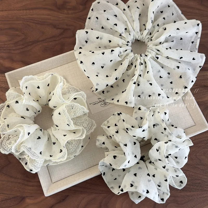 black white Tulle Heart Polka Dot Ruffled Lace Scrunchie For Women Sweet Gentle Low Ponytail Bun Hair Tie Unique Hair Accessory
black white Tulle Heart Polka Dot Ruffled Lace Scrunchie For Women Sweet Gentle Low Ponytail Bun Hair Tie Unique Hair Accessory