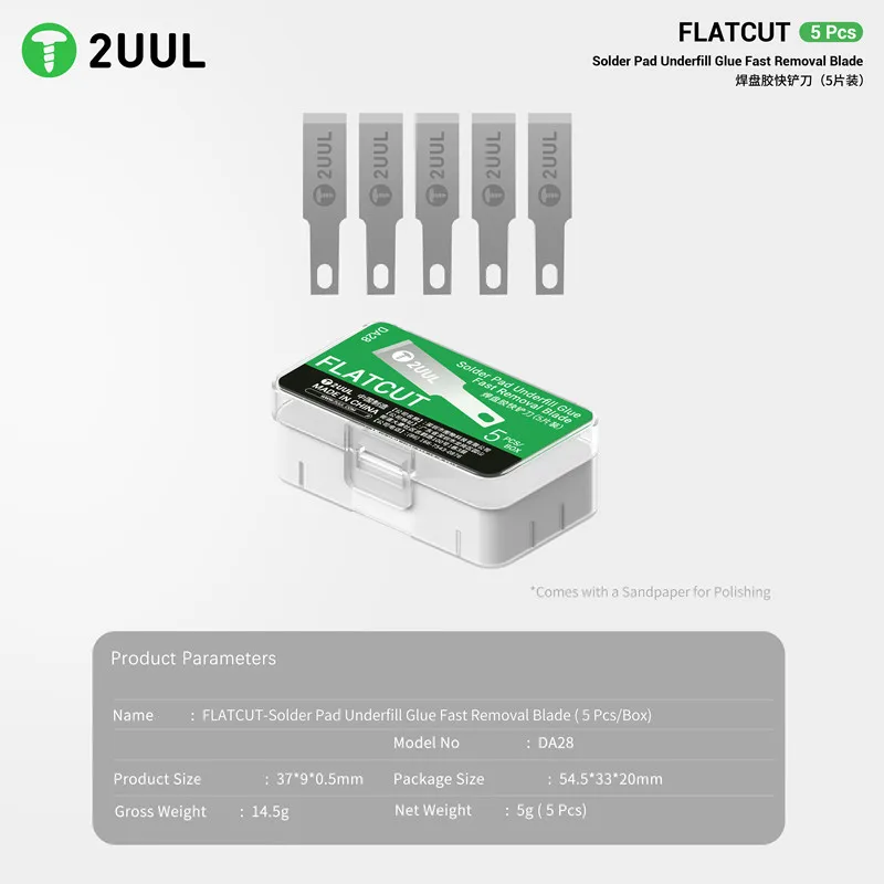 2UUL DA28 Flatcut-Solder Pad Underfill Glue Fast Removal Blade Phone IC Glue Removal Chip Layer Lifting Layer Separation Knife
2UUL DA28 Flatcut-Solder Pad Underfill Glue Fast Removal Blade Phone IC Glue Removal Chip Layer Lifting Layer Separation Knife