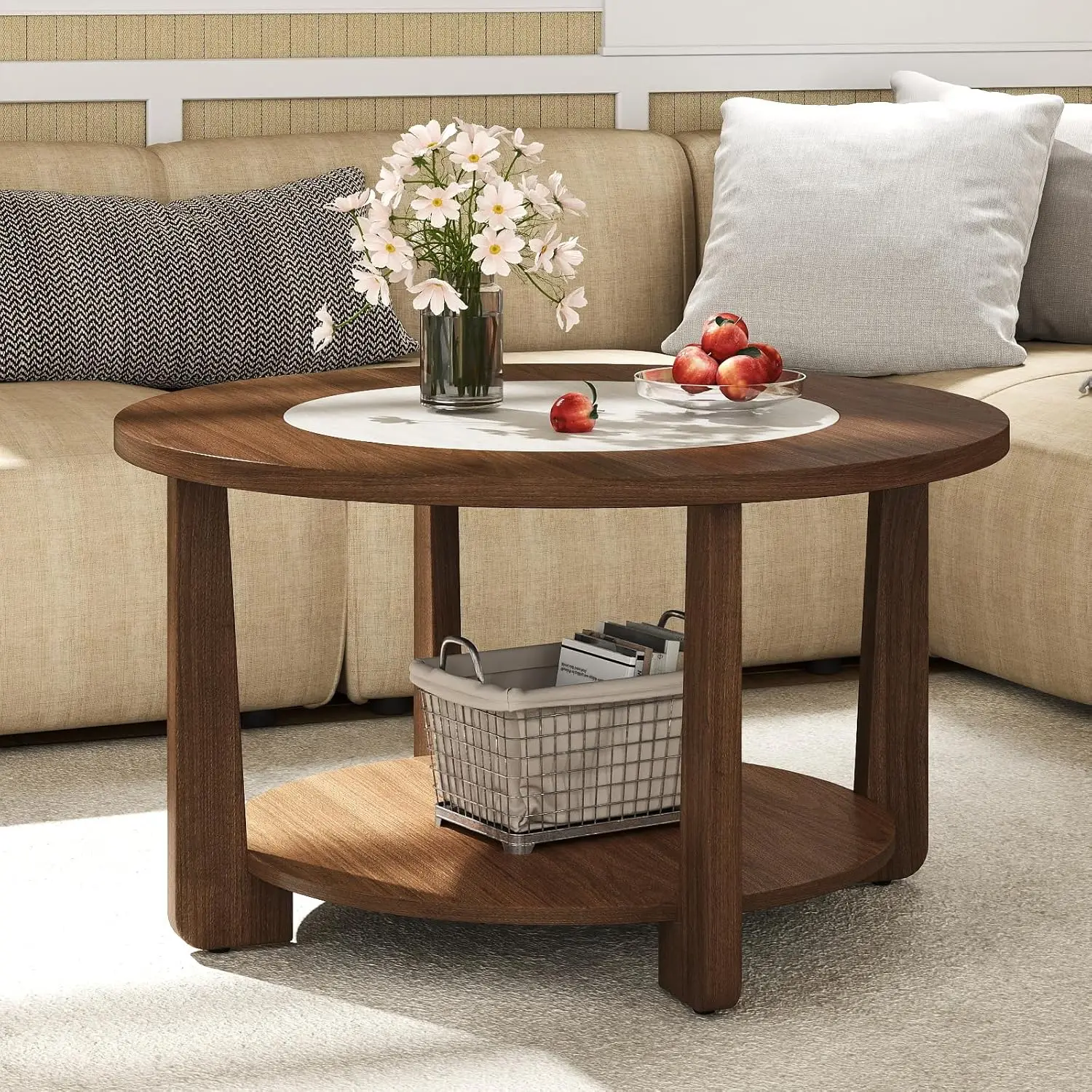 Round 2-Tier Coffee Table with 2-Tone Top & Open Shelf, Wood Center Table for Small Living Room, Walnut White, Customized
Round 2-Tier Coffee Table with 2-Tone Top & Open Shelf, Wood Center Table for Small Living Room, Walnut White, Customized