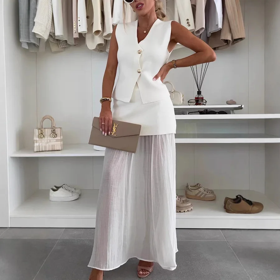 Button V-neck Vest Sets Women Elegant Patchwork Pleat Loose Ankle-Length Skirt Set 2025 Summer Lady Office Solid Outfit
Button V-neck Vest Sets Women Elegant Patchwork Pleat Loose Ankle-Length Skirt Set 2025 Summer Lady Office Solid Outfit
