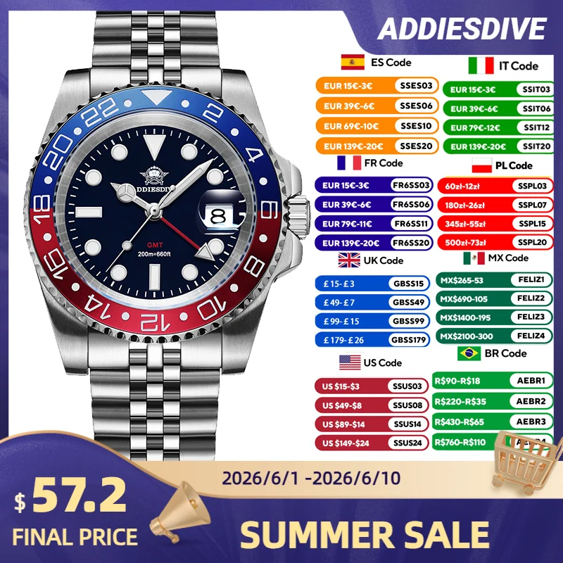 ADDIESDIVE Men’s Quartz Watches New AD2050 GMT Movement Analog Wristwatch BGW9 Luminous 200m Waterproof Dive Sports Watches
ADDIESDIVE Men’s Quartz Watches New AD2050 GMT Movement Analog Wristwatch BGW9 Luminous 200m Waterproof Dive Sports Watches