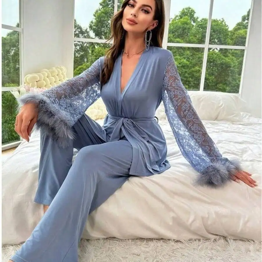 2-Piece Womens Blue Satin Robe And Pants Set With Lace Sheer Sleeves Faux Fur Cuffs V-Neck Wrap Top Belted Waist
2-Piece Womens Blue Satin Robe And Pants Set With Lace Sheer Sleeves Faux Fur Cuffs V-Neck Wrap Top Belted Waist