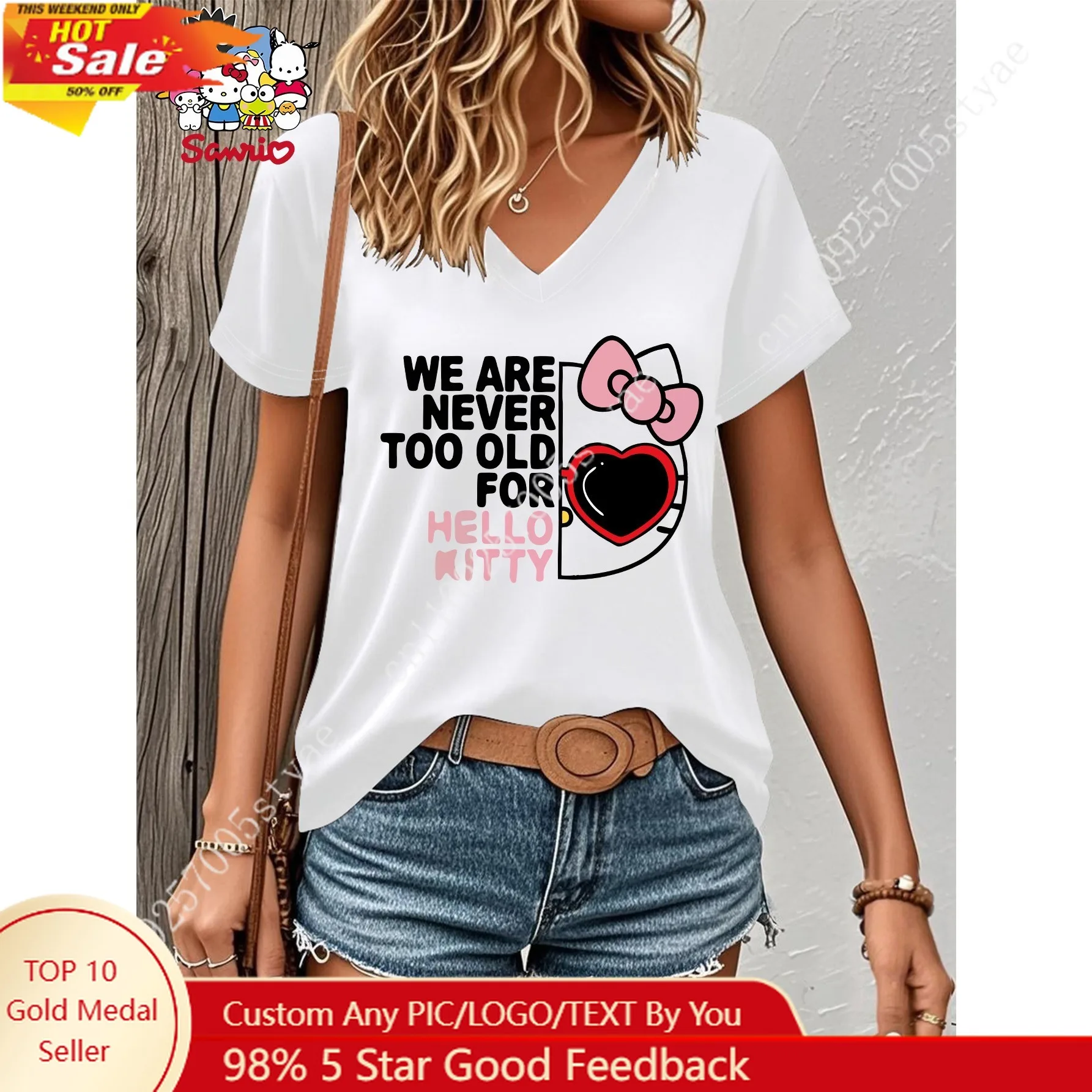 Hello Kitty V-Neck Top Sanrio Women's Summer Casual Tee Lightweight Breathable Fabric Machine Washable
Hello Kitty V-Neck Top Sanrio Women's Summer Casual Tee Lightweight Breathable Fabric Machine Washable