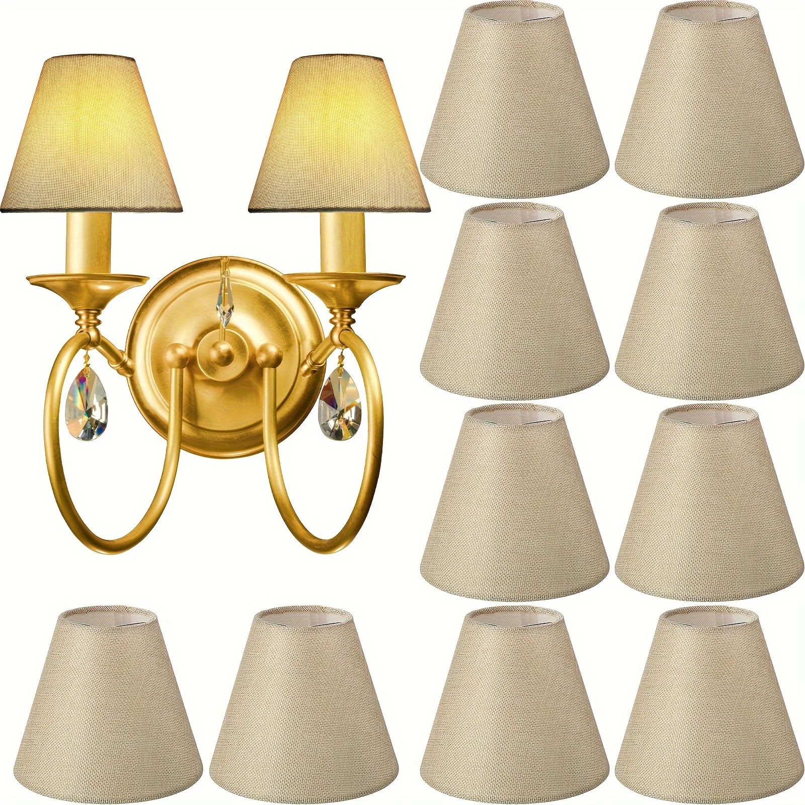 Set of 10 Beige Fabric Chandelier Lamp Shades - 3"x6"x5" Clip-On Burlap Barrel Shades for Table & Wall Lamps, Contemporary Universal Holiday Decor, No Feathers, Plastic & Fabric Construction
Set of 10 Beige Fabric Chandelier Lamp Shades - 3"x6"x5" Clip-On Burlap Barrel Shades for Table & Wall Lamps, Contemporary Universal Holiday Decor, No Feathers, Plastic & Fabric Construction