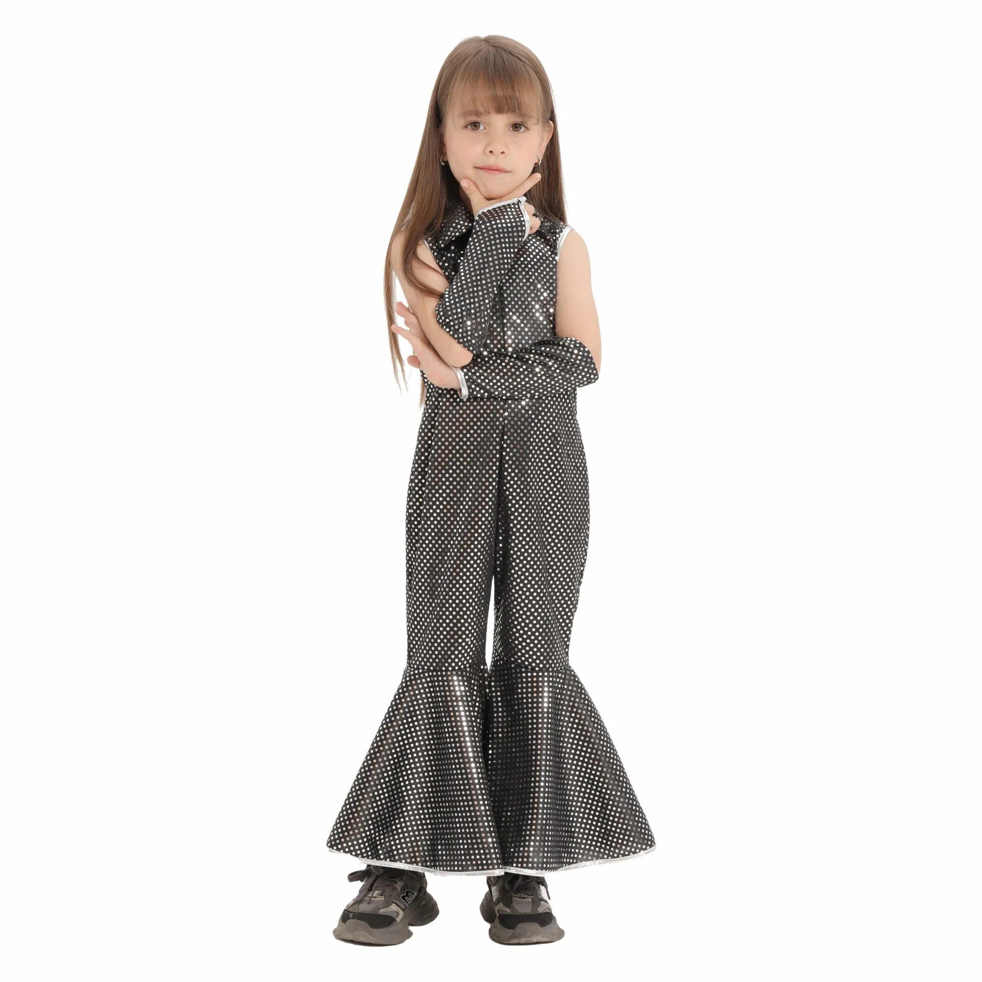 Children's Halloween Costume Disco Stage Performance Outfit With Black Shiny Trumpet Dress For Children's Show Wear.
Children's Halloween Costume Disco Stage Performance Outfit With Black Shiny Trumpet Dress For Children's Show Wear.