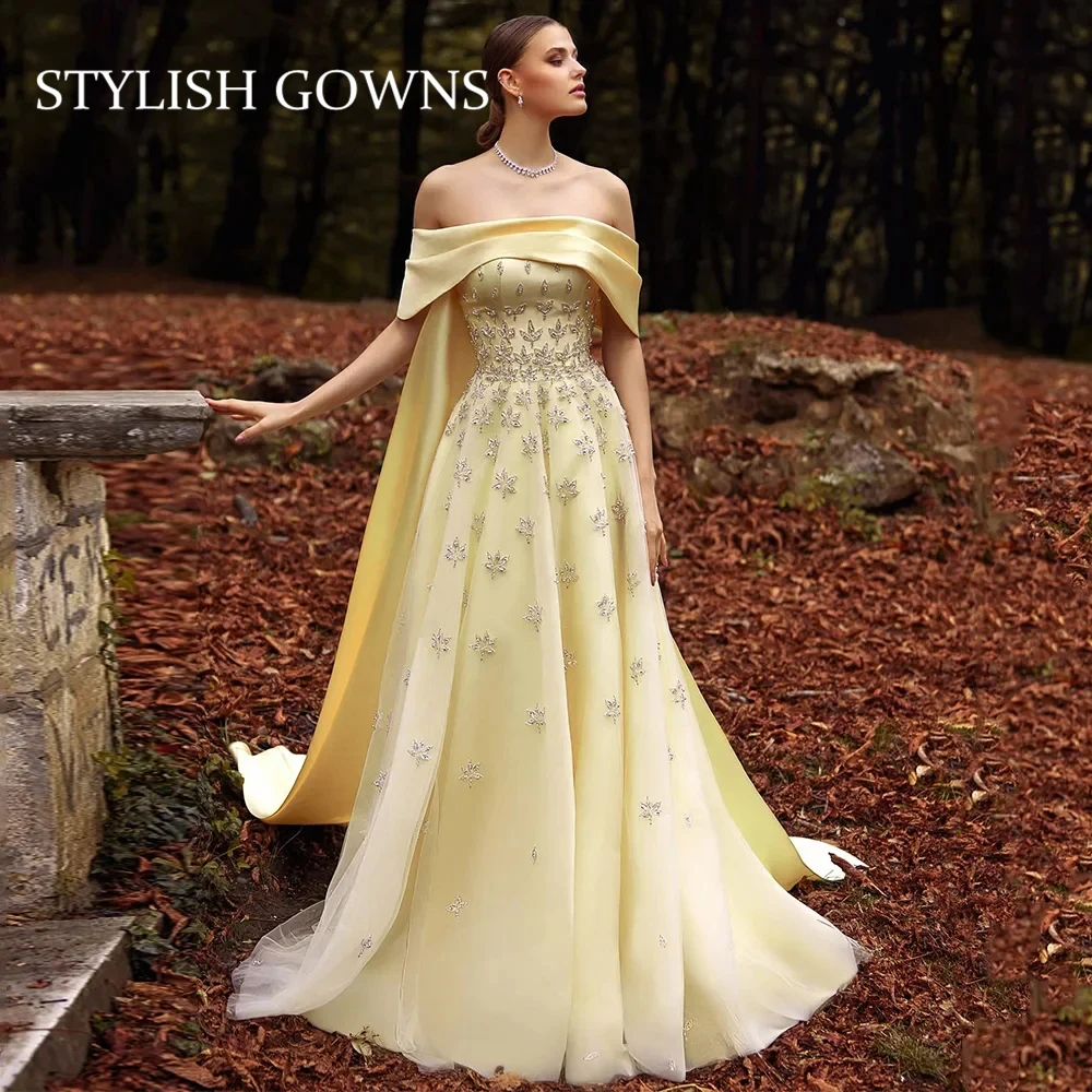 Saudi Evening Dress Off Shoulder Boat Neck Beading Yellow Party Dresses Arabian Prom Dresses for Formal Occasions Customized
Saudi Evening Dress Off Shoulder Boat Neck Beading Yellow Party Dresses Arabian Prom Dresses for Formal Occasions Customized