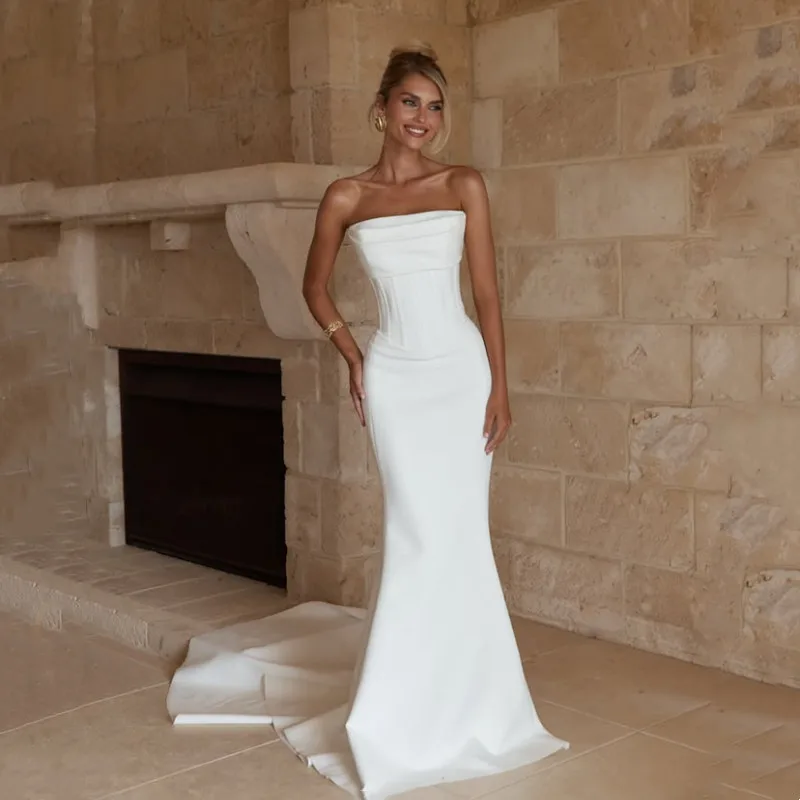 Simple Mermaid Ivory Wedding Dress For Women Sexy Sleeveless Strapless Formal Pleat Sweep Train Backless Bridal Grown Customized
Simple Mermaid Ivory Wedding Dress For Women Sexy Sleeveless Strapless Formal Pleat Sweep Train Backless Bridal Grown Customized