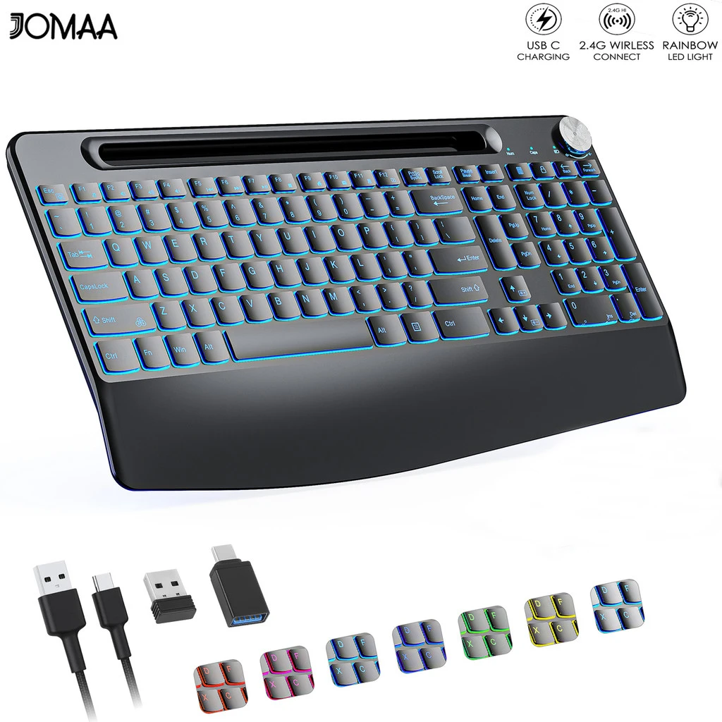 Wireless Keyboard with 7 Colored Backlits, Wrist Rest, Phone Holder, Rechargeable Ergonomic Full Size Keyboard with Silent Keys
Wireless Keyboard with 7 Colored Backlits, Wrist Rest, Phone Holder, Rechargeable Ergonomic Full Size Keyboard with Silent Keys