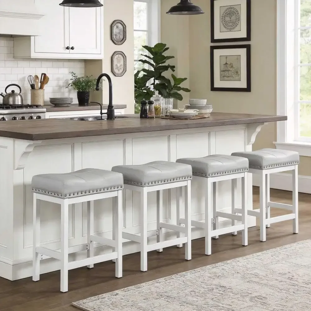 Stools Set of 4, 25Inch Counter Height, Backless Saddle Upholstery, Grey Faux Leather amp Matte White Metal, Easy Assembly, Hea
Stools Set of 4, 25Inch Counter Height, Backless Saddle Upholstery, Grey Faux Leather amp Matte White Metal, Easy Assembly, Hea