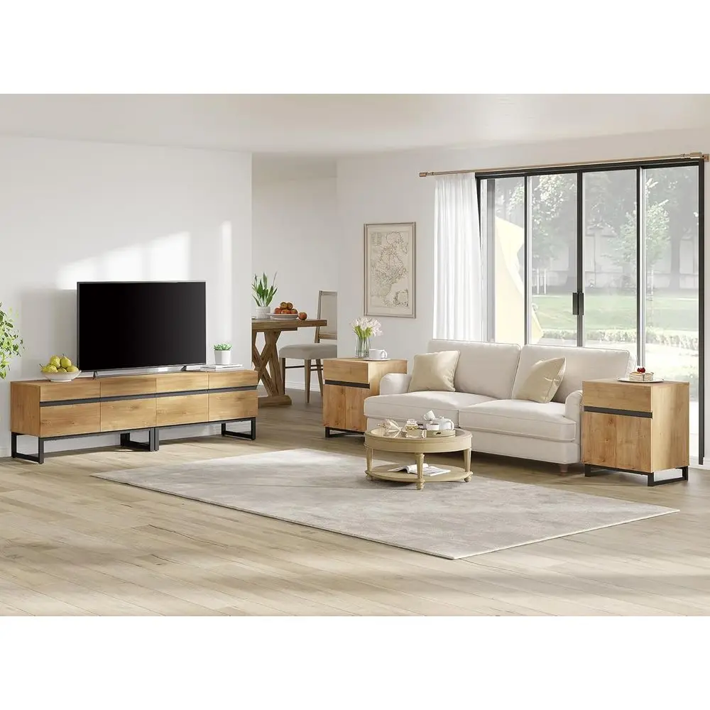 3-Piece Living Room Furniture Set: 70 TV Stand & 2 End Tables, Oak Finish
3-Piece Living Room Furniture Set: 70 TV Stand & 2 End Tables, Oak Finish