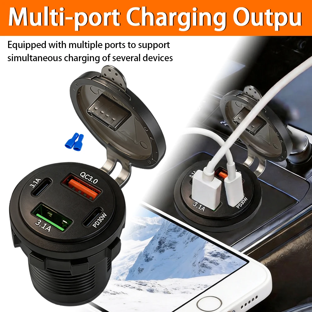 4 Ports QC3.0+PD30W+Dual 3.1A USB Car Charger Socket Waterproof Marine Motorcycle Car USB Power Outlet With Wiring Terminals
4 Ports QC3.0+PD30W+Dual 3.1A USB Car Charger Socket Waterproof Marine Motorcycle Car USB Power Outlet With Wiring Terminals