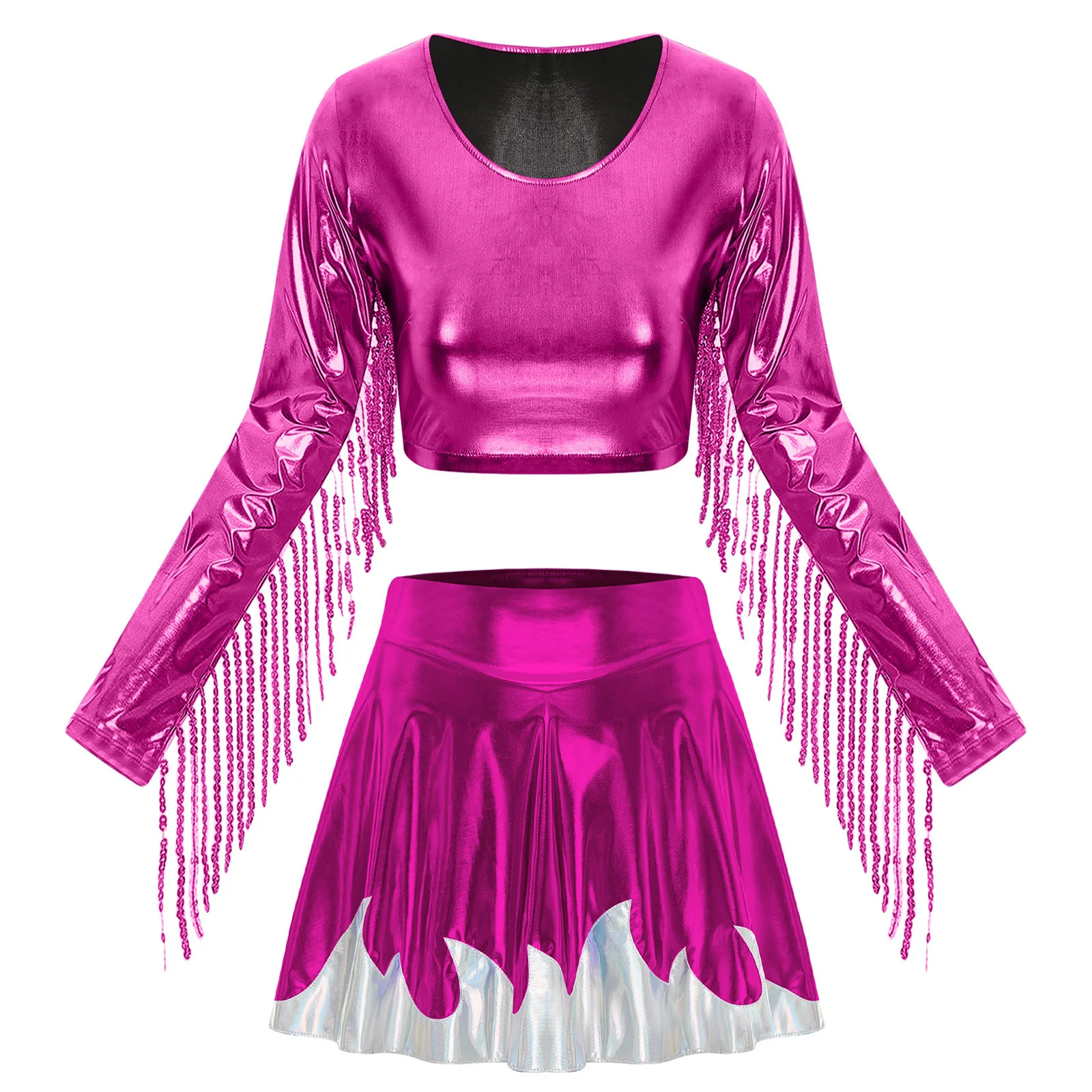 Women Metallic Shiny Party Rave Clubwear Sets Tassel Long Sleeve Crop Tops and Pleated Mini Skating Skirt Cosplay Dance Outfit
Women Metallic Shiny Party Rave Clubwear Sets Tassel Long Sleeve Crop Tops and Pleated Mini Skating Skirt Cosplay Dance Outfit