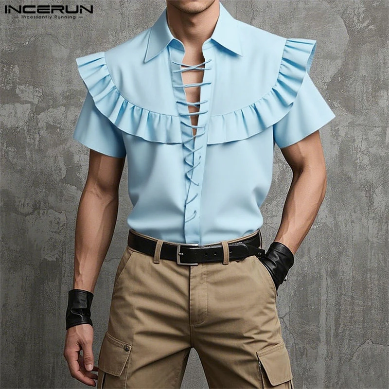 INCERUN Мужская рубашка однотонная с лацканами с коротким рукавом на шнуровке и рюшами мужские рубашки летняя уличная одежда 2025 свободная модная мужская одежда 
INCERUN Мужская рубашка однотонная с лацканами с коротким рукавом на шнуровке и рюшами мужские рубашки летняя уличная одежда 2025 свободная модная мужская одежда