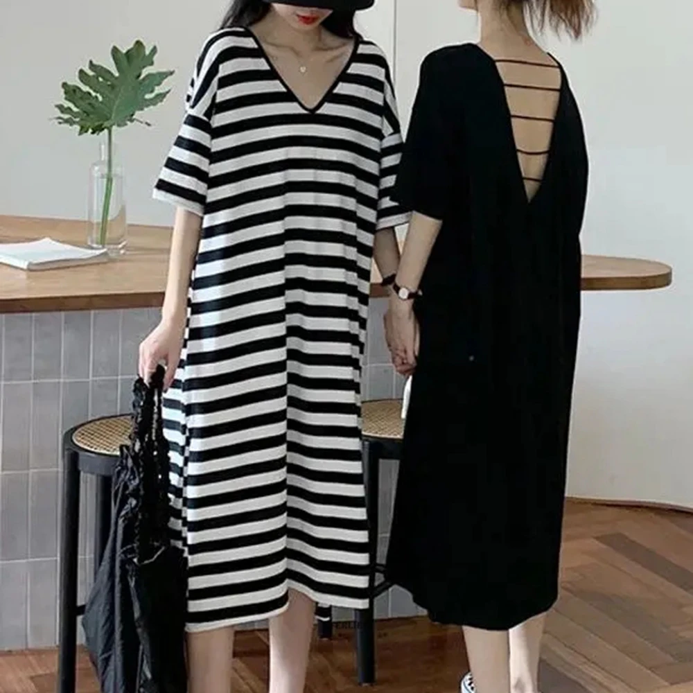 Plus Size 6XL150KG Summer Black Long Dress For Women V Neck Backless Vintage Korean Clothes Short Sleeve Large Dress
Plus Size 6XL150KG Summer Black Long Dress For Women V Neck Backless Vintage Korean Clothes Short Sleeve Large Dress