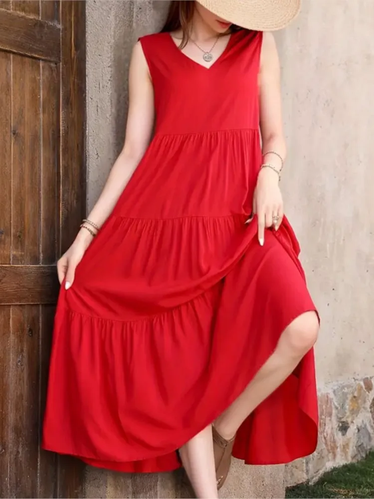 Elegant Solid Color Cake Dresses Women Temperament Fashion V-neck Folds Loose Sleeveless Long Dress Female Summer New Vestidos
Elegant Solid Color Cake Dresses Women Temperament Fashion V-neck Folds Loose Sleeveless Long Dress Female Summer New Vestidos
