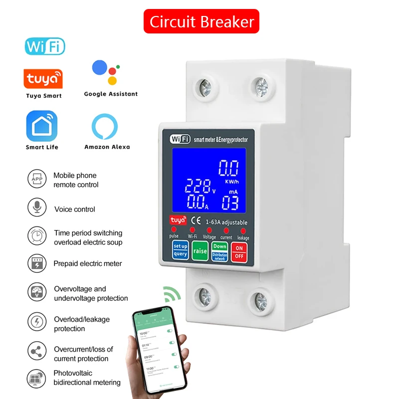 63A WiFi Smart Circuit Breaker Voltage Relay 230V Smart Life App Control Auto-Reclosing Protector Work With Tuya Alexa Google
63A WiFi Smart Circuit Breaker Voltage Relay 230V Smart Life App Control Auto-Reclosing Protector Work With Tuya Alexa Google