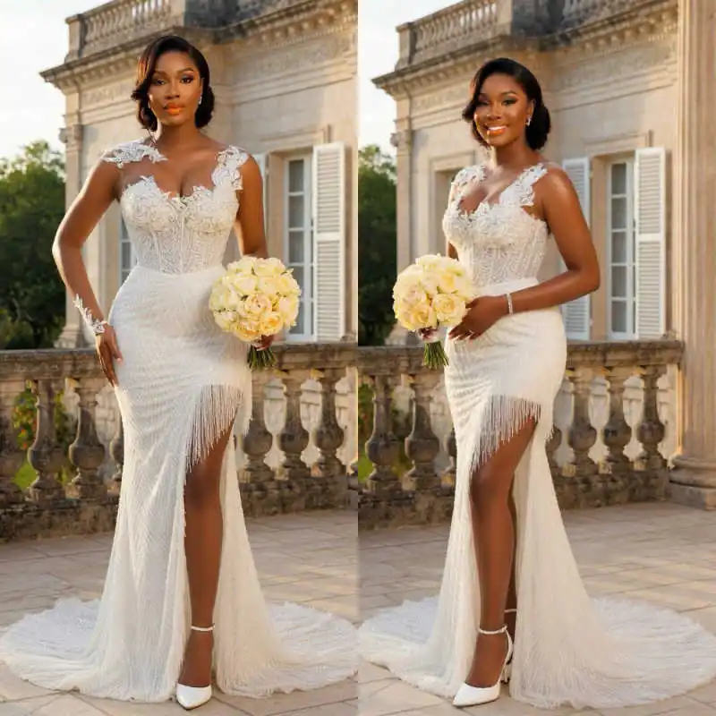 Stunning Lace Applique Sequin Wedding Dress Fringe High Slit Sweep Train Mermaid Bridal Gown свадебное платье Customized
Stunning Lace Applique Sequin Wedding Dress Fringe High Slit Sweep Train Mermaid Bridal Gown свадебное платье Customized
