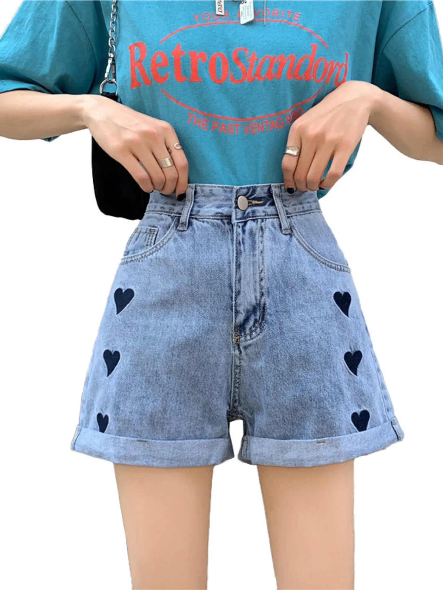 Women's High Waist Vintage Washed Denim Shorts Heart Embroidery Cuffed Jean Shorts Blue Love Print Summer Bottoms
Women's High Waist Vintage Washed Denim Shorts Heart Embroidery Cuffed Jean Shorts Blue Love Print Summer Bottoms