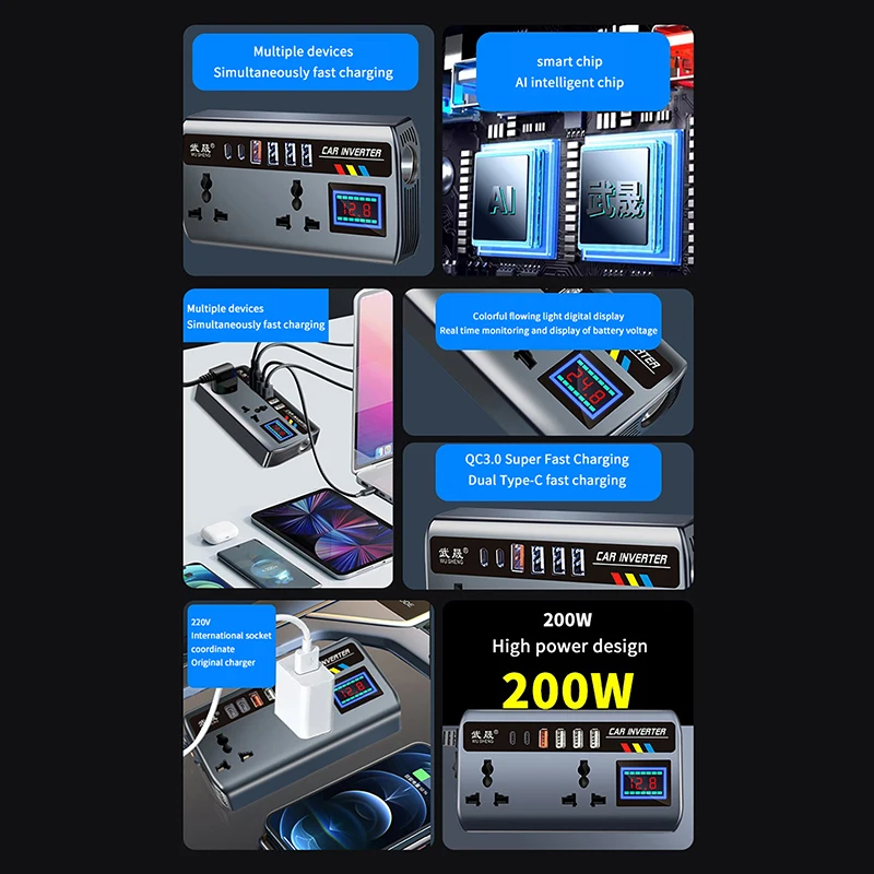 Автомобильный инвертор 12 В/24 В до 220 В 200 Вт с QC3.0, USB PD, быстрой зарядкой типа C и многопортовой розеткой
Автомобильный инвертор 12 В/24 В до 220 В 200 Вт с QC3.0, USB PD, быстрой зарядкой типа C и многопортовой розеткой