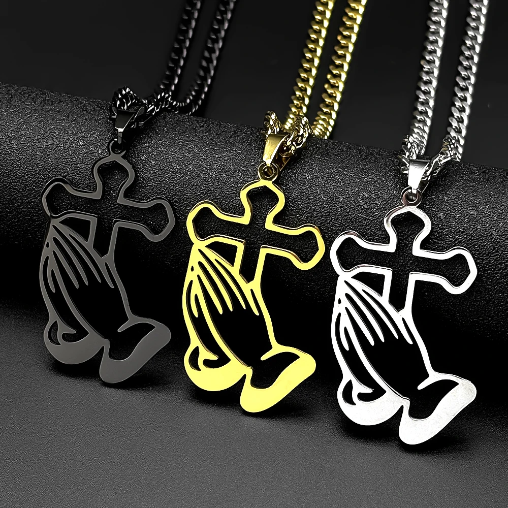 Hollow Jesus Cross Praying Hand Stainless Steel Pendant Necklace for Women Men Gold Color Catholic Faith Chain Amulet Jewelry
Hollow Jesus Cross Praying Hand Stainless Steel Pendant Necklace for Women Men Gold Color Catholic Faith Chain Amulet Jewelry
