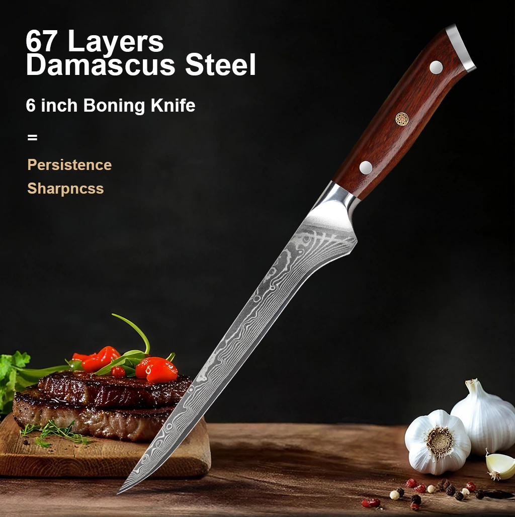 Нож для обвалки, 6-дюймовое лезвие из дамасской стали, бритва, острый нож для филерования рыбы, кухонный нож для дебинирования, полная ручка из палисандра Tang
Нож для обвалки, 6-дюймовое лезвие из дамасской стали, бритва, острый нож для филерования рыбы, кухонный нож для дебинирования, полная ручка из палисандра Tang