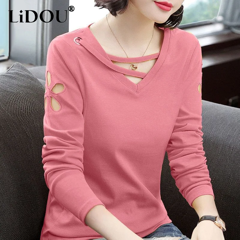 Spring Autumn New Solid Color V-neck Asymmetrical Long Sleeve T-Shirts Women Cotton Korean Style Lace Patchwork All-match Tops
Spring Autumn New Solid Color V-neck Asymmetrical Long Sleeve T-Shirts Women Cotton Korean Style Lace Patchwork All-match Tops