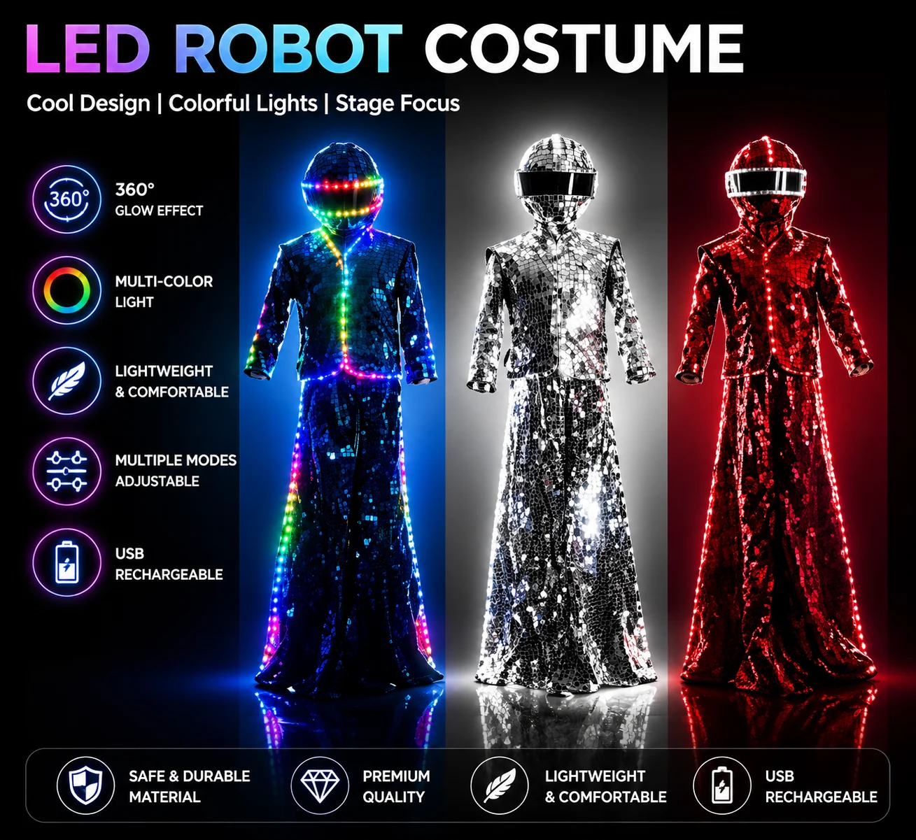 Stilts LED Robot Costume Mirror Sequin Fabric Suit for Stage Party Performance Cosplay
Stilts LED Robot Costume Mirror Sequin Fabric Suit for Stage Party Performance Cosplay