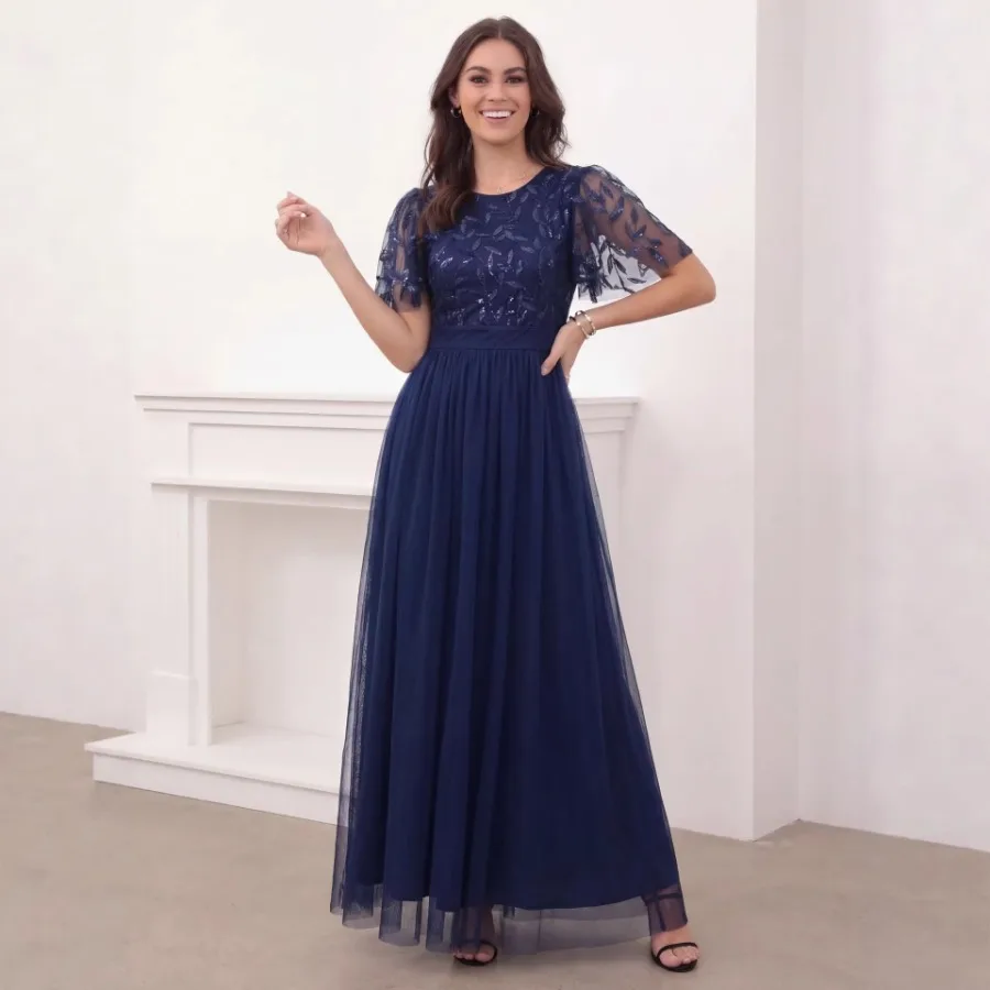 【New Arrival】Women's Navy Blue Lace Sequin Evening Gown, Short Flutter Sleeve Tulle Maxi Dress, Formal Wedding Guest Dress
【New Arrival】Women's Navy Blue Lace Sequin Evening Gown, Short Flutter Sleeve Tulle Maxi Dress, Formal Wedding Guest Dress