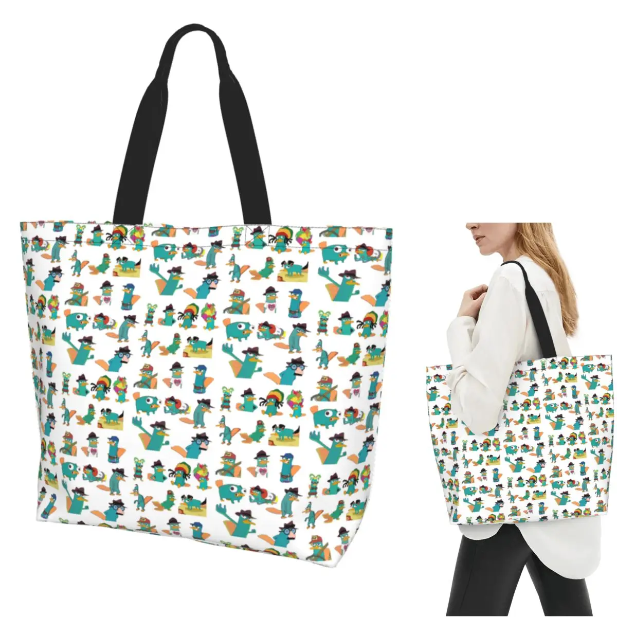 Сумка-тоут с героями мультфильмов Perry The Platypus, парусиновая сумка на плечо большой вместимости, продуктовая сумка для покупок для женщин 
Сумка-тоут с героями мультфильмов Perry The Platypus, парусиновая сумка на плечо большой вместимости, продуктовая сумка для покупок для женщин
