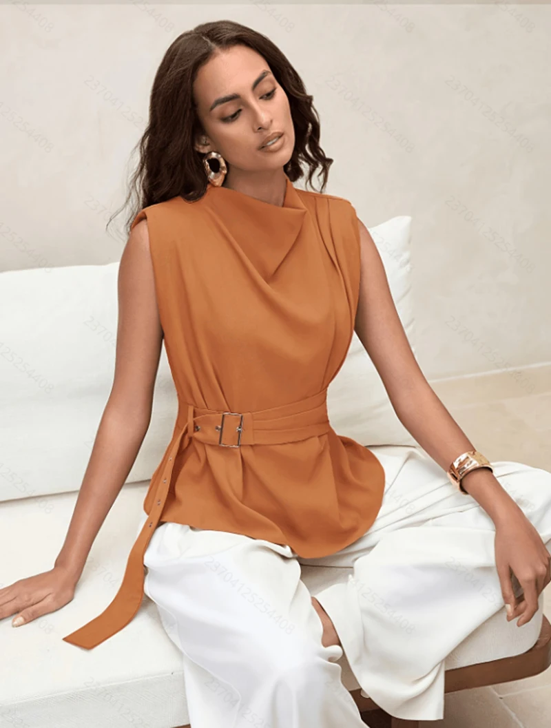 2026 Spring/Summer New Women's Fashion High Neck Asymmetric Folded Shoulder Sleeveless Orange Shirt with Adjustable Waist
2026 Spring/Summer New Women's Fashion High Neck Asymmetric Folded Shoulder Sleeveless Orange Shirt with Adjustable Waist