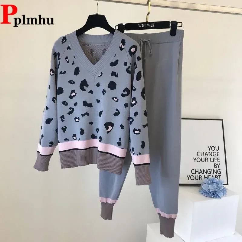 Vintage Knited Fall Winter 2 Piece Sets Lace-up High Waist Ankle Length Harem Pants Outfit Leopard V-neck Sweater Tops Conjunto
Vintage Knited Fall Winter 2 Piece Sets Lace-up High Waist Ankle Length Harem Pants Outfit Leopard V-neck Sweater Tops Conjunto