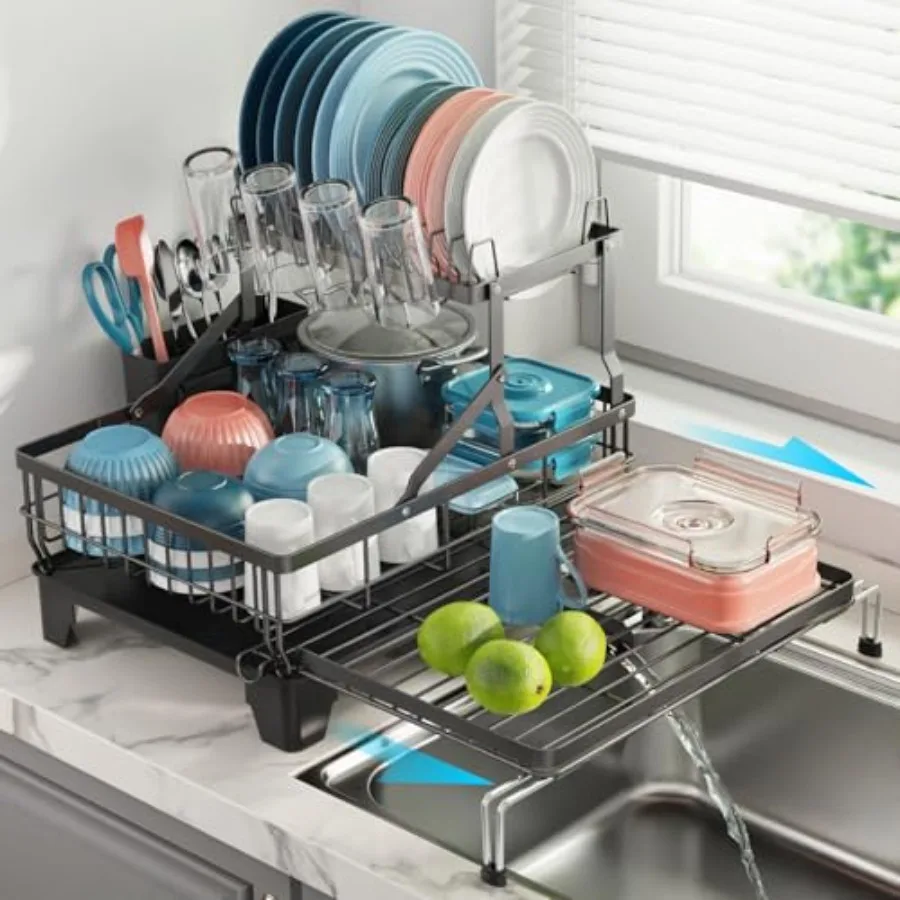 2 Tier Dish Drying Rack for Kitchen Counter Expandable Large Dish Drainer with Drainboard Set Rust Resistant Dish Rack with Ute
2 Tier Dish Drying Rack for Kitchen Counter Expandable Large Dish Drainer with Drainboard Set Rust Resistant Dish Rack with Ute