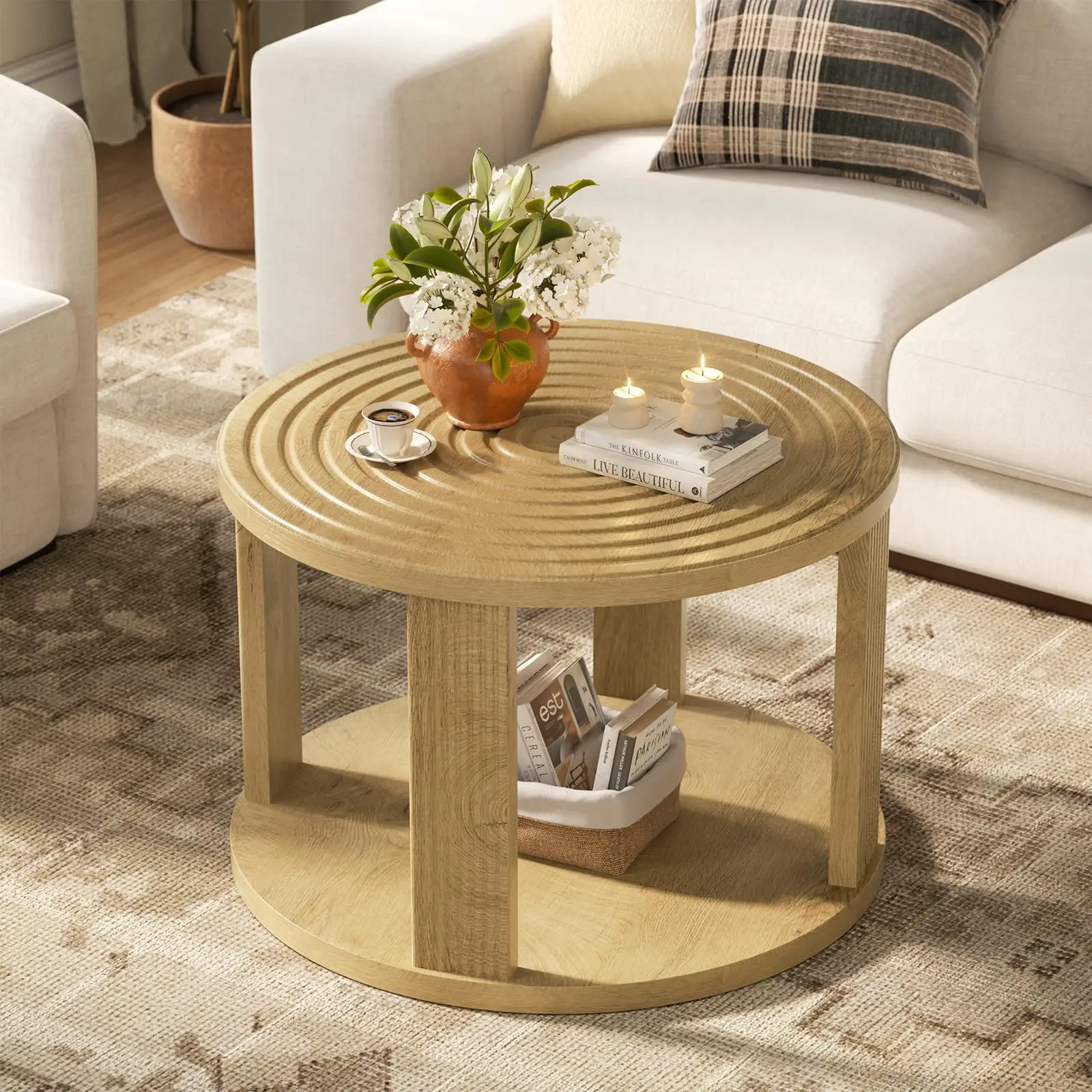 26.8 Inch Two-Tier Round Wooden Coffee Table With Fluted Top And Open Shelf, Ideal For Living Room Small Spaces
26.8 Inch Two-Tier Round Wooden Coffee Table With Fluted Top And Open Shelf, Ideal For Living Room Small Spaces